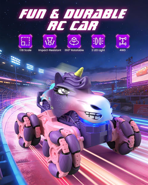 1:18 360 2.4 4WD 120 3+ Remote Control Car Pink Unicorn Monster Truck Spin-Dance Light Music with Spray, GHz Min
