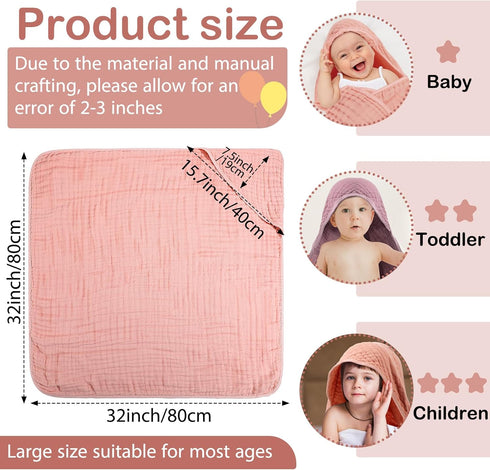 VitalCozy 6 (32 32 Inch,Pink,Rose) Pcs Baby Muslin Hooded Bath Towels and Washcloths Muslin Cotton Hooded Baby Towels