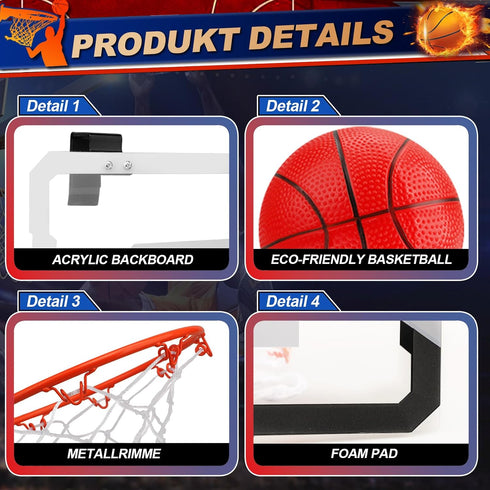 Pro Indoor Basketball Hoop for Door, Over Door with Large 9 Inch Dunk Rim, 4 Mini Replacement 6" Basketballs