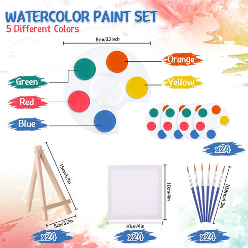 Set 4x4" Birthday(24 Set) Crtiin Mini Watercolor Paint Gifts Small Painting Kits Canvas with Easel Paints Brush Art
