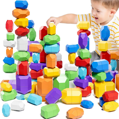 Lucky Doug 50 PCS Extra-Large Stacking Rocks Toys for Age 1-3 2-4,