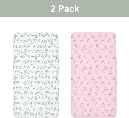 Summer 52x28In 2 Pack Conches Bows Sea Baby Crib Sheets for Boy Girl Ocean Seashells Beach Soft Snug Fitted Crib