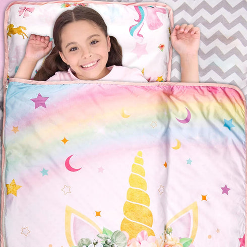 Toddler Nap Mat with Removable Pillow and Soft Dot Minky Blanket, Extra Large Unicorn Napping Mats for Kids