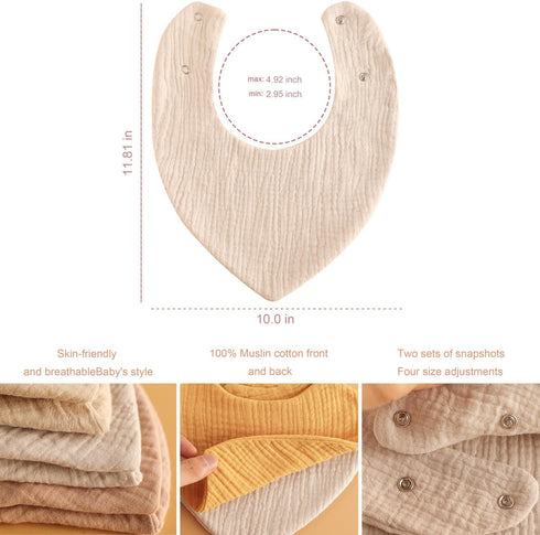 Muslin Baby Bibs Bandana Drool Bibs, 100% Cotton Absorbent Soft Reversible 6-Pack Set for Feeding and Teething