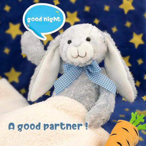 14" Blue Bunny Stuffed Animal for Kids and Newborns, Huggable Plush Rabbit Toy with Bow for Boys and Girls