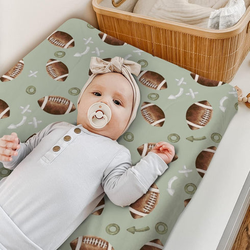 American Football Sport Changing Pad Cover for Baby Boys, Green Diaper Change Table Sheet, Soft Fitted Mat 32"/34" x 16"