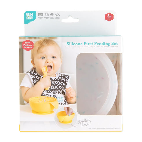 Bumkins Silicone Baby Feeding Set, Suction Bowls for Baby and Toddler with Spoon and Lid, Platinum Silicone Bowl