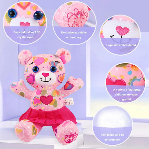 DRAWMYTOY 20 Backpack Set 3-6 Stuffed Animal Coloring Plush Toy Bear with Washable Markers Laser Holographic Road Trip