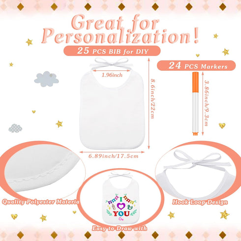50 DIY Baby Bibs Set, Includes 25 White Feeder Bibs, Blank Baby Bibs, 24 Fabric Markers