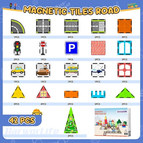 Set, 3+Year HarworLife Magnetic Tiles Road Magnetic Building Blocks for Kids Ages Old, Montessori Educational Magnet