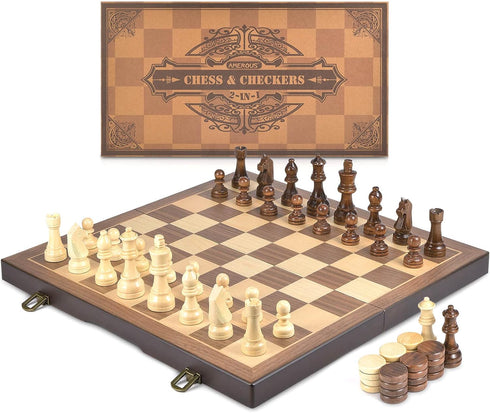 AMEROUS Magnetic Wooden Chess and Checkers Game Set, 15 Inches, 2 Extra Queens, Gift Package