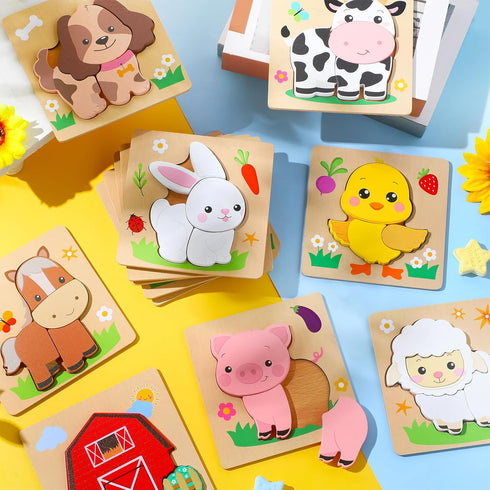 12 Pack Capoda Farm Animal Wooden Puzzles Wood Farm Jigsaw for Toddlers Featuring Cow, Sheep, Pig and More Montessori