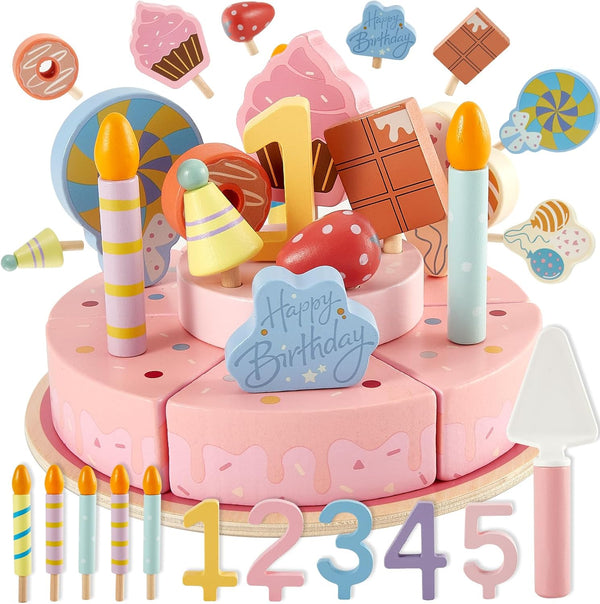 HERSITY Wooden Birthday Cake Play Set, Wooden Food for Play Kitchen Toy
