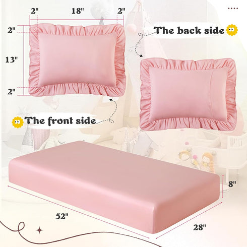 3 Set KKJIAF Piece Toddler Sheet Microfiber, Includes a Flat Sheet, a Fitted Sheet and a Ruffle Pillowcase, Light Pink