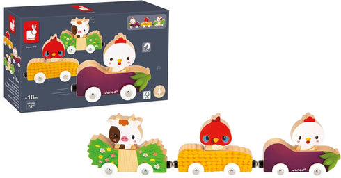 Janod Farm Wooden Animal Car Train Push and Go Playset - For Ages 18 Months to 3 Years (J03316)