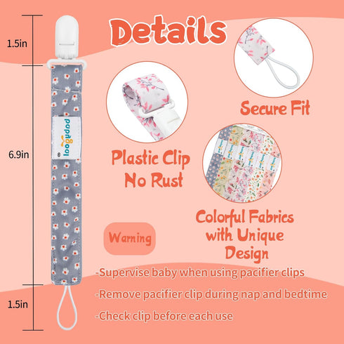 6 Pack 6PS21 babygoal Floral Pacifier Clips, Binky Paci Holder Clips Leashes Fits for Most Baby Pacifiers and Binkies