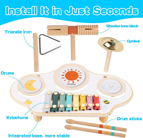 Kids Drum Set - 9 in 1 Baby Drum Set for Toddlers, Montessori Musical Instruments Toy, Wooden Xylophone for Boys & Girls