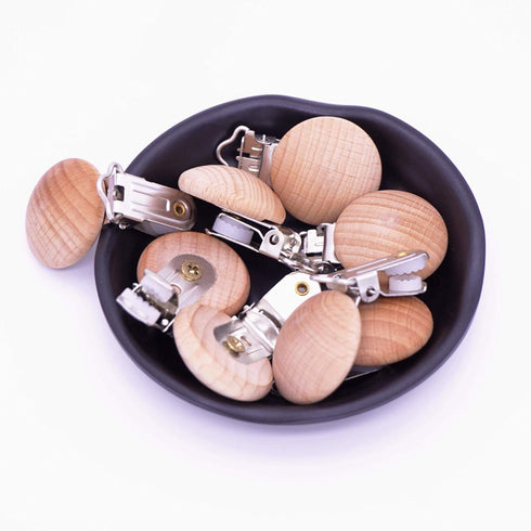 10Pcs 30mm (1.18") Natural Wood Pacifier Holder Round Beech Metal Teether Wooden Beads Suspender Clips DIY Accessories