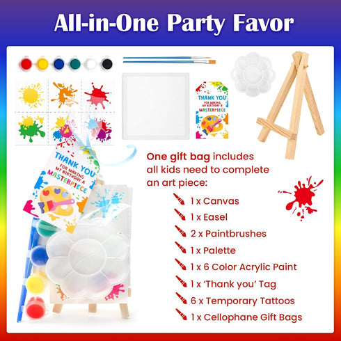 12 Pack BOIKOKY DIY Mini Canvas Painting Party Favor Bags - Includes Easel, Acrylic Paint, Splash Tattoos, Brushes