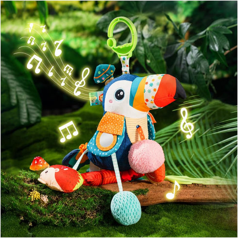 Jollybaby Musical Activity Pull String Hanging Toy for Baby Stroller Car Seat Crib Play Gym, Plush Stuffed Toucan Toy