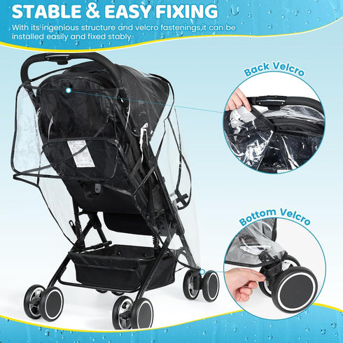 Universal Clear Stroller Rain Cover, No-zip Waterproof Cover, Food Grade EVA, Breathable Rain Shield for Single