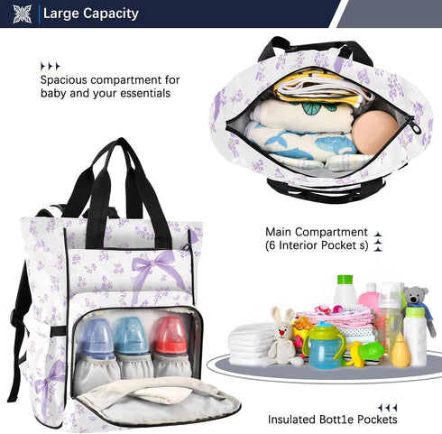 Bolaz Backpack Purple Floral Bow Diaper Bag Tote Multifunction Baby Nappy Changing Bags Large with Stroller Straps