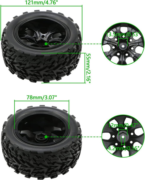 4x 1:10 RC Monster Truck Car Wheels - Rubber RC Tires with 7 Spokes Wheel Rim, Black RC Parts