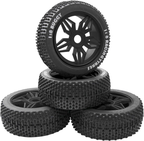 ShareGoo OD 4.52" 1/8 RC Buggy Rubber Tires with 5 Spoke Plastic Rim - Compatible with Arrma Kyosho Exceed RC Traxxas