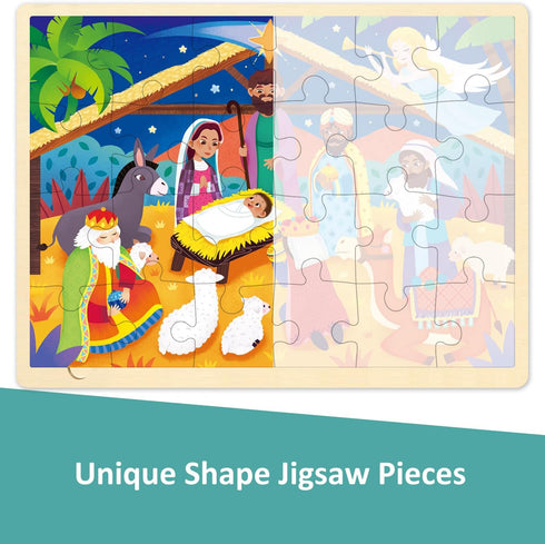 Wooden Nativity Puzzle for Kids Ages 3-5 - 24 Piece Christmas Jigsaw Puzzle with Tray for Toddlers