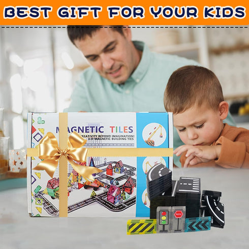 Set 3-5 4-8 5-7 3+ Magnetic Tiles Road with Crane for Kids Ages Preschool City Construction Kids Games Toddler Magnet