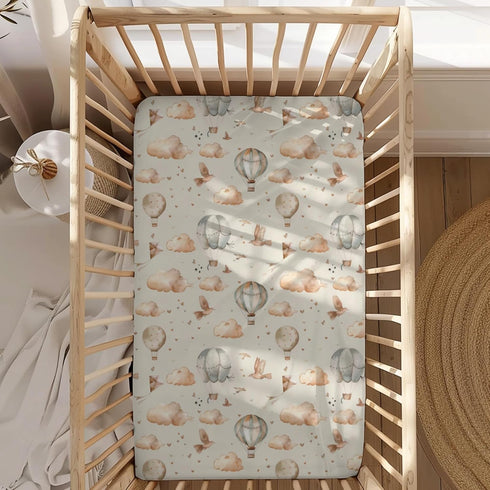 KuphiL10C Mattress-28x52 Hot Air Balloon Transportation Pattern Baby Crib Sheets, Unisex Balloons Birds Clouds Nursery