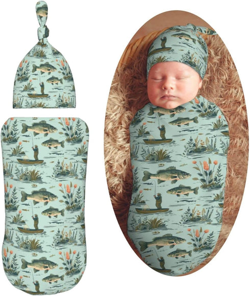 Fisher and Bass Fishes Newborn Swaddle Blankets Hat Sets Soft Baby Receiving