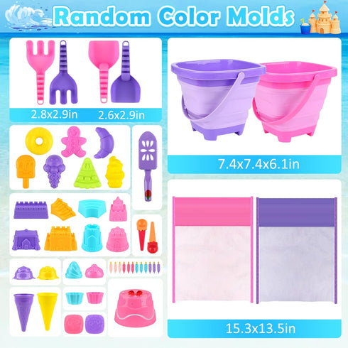 Set 3-10, 2 Pack Set Dreamon Collapsible Beach Toys for Kids Collapsible Sand Bucket with Beach Molds and Mesh Bag