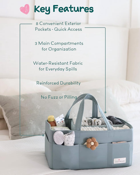 8 Lily Miles Baby Diaper Caddy Organizer, Wipeable Diaper Organizer Basket with Pockets for Newborn Essentials, Nursery