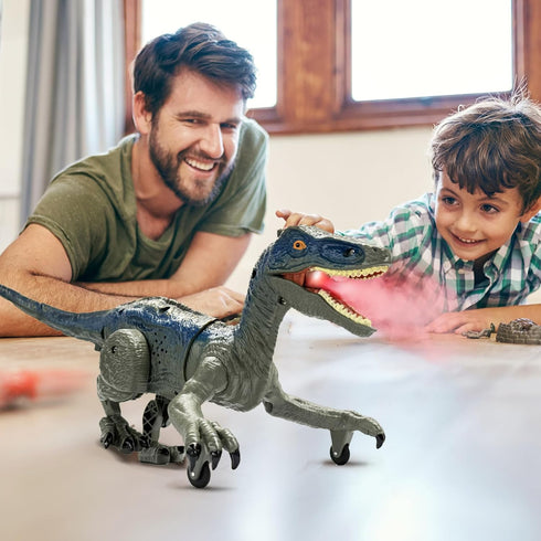 TALGIC Remote Control Velociraptor, Dinosaur Toy with Spraying, Roaring, Swaying Head, Wagging Tail, Remote Control