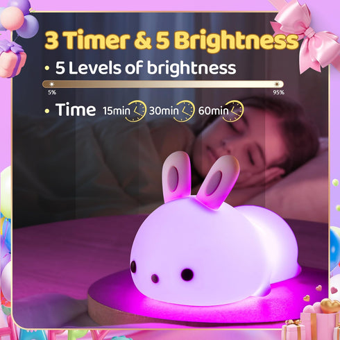 One Fire Night Light for Kids Room, Cute Kawaii Animal Lamp with Timer, Battery Remote, Easter Bunny Gift
