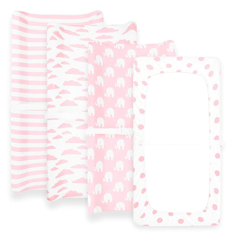 BaeBae Goods 4 Pack Premium Baby Girl Pure Jersey Machine Washable Pink and White Changing Table Cover Diaper Changing