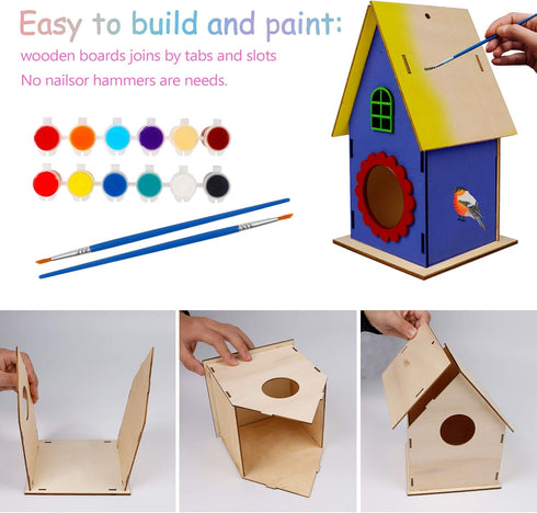 Glintoper Art Craft Wood Toys for Kids - 4 Pack DIY Bird House Kit, Build and Paint Birdhouse with Paints & Brushes