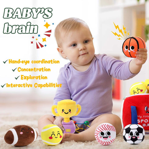7 Playset, HyDren Pcs My First Sports Bag Plush Toys Bulit-in Bell Sports Balls and Trophy for Kids Throwing Toys Gift