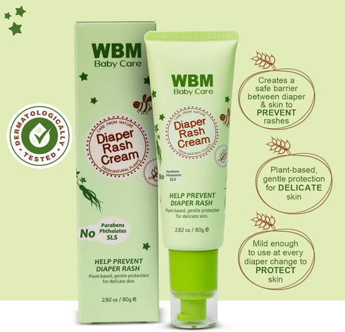 2.82 oz WBM Diaper Rash Cream | Baby Rash Relief Ointments Cream | Cruelty-Free, Hypoallergenic, Soothing, Moisturizing