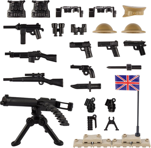 Military Weapons Pack 24 Pcs UK Accessories Kits Toys, Army Equipment Gear WW2 Guns for Boys 6+