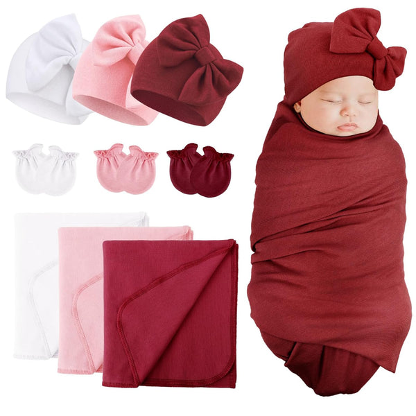 BQUBO Newborn Receiving Blanket Bow Hat Gloves Set Cotton Warm Baby Swaddle