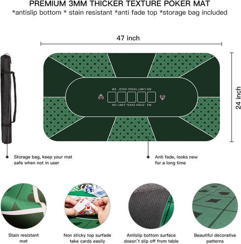 YUZPKRSI 47×23 Inch Poker Mat, 6 Players Texas Hold'em Rubber Mat with Carrying Bag for Poker Games