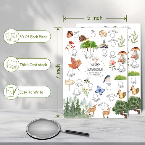 30 Pcs Nature Scavenger Hunt Cards, Find and Seek Camping Sheets, Woodland Themed Holiday Party Game Outdoor Activity for Family Friend -02