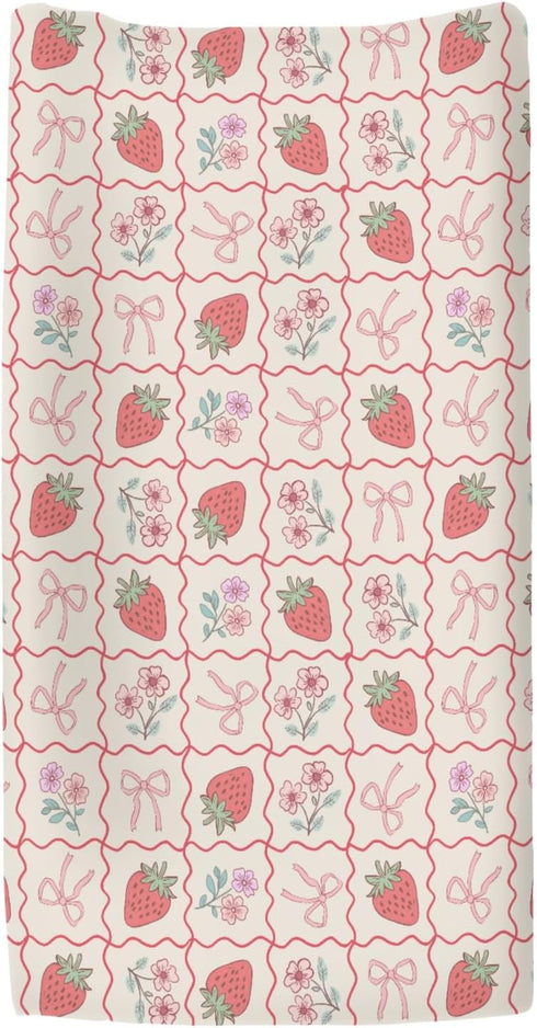 Summer 32''16'' Boho Strawberry Flowers Baby Changing Pad Covers for Boys Girls Strawberries Pink Bows Checkerboard