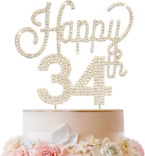 LINGTEER Happy 34th Birthday Gold Rhinestone Cake Topper - Cheers to 34 Years Old Anniversary Party Decorations