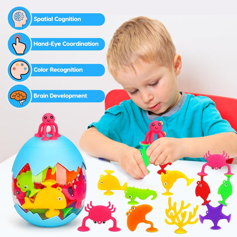 Toddler Suction Bath Toys: 18PCS Ocean Silicone Suction Cup Toys with Eggshell & Bag No Hole Mold Free Bathtub Shower Toys for Kids Ages 1-3 4-8 Sensory Fidget Window Toys Baby Travel Toys Gifts