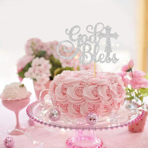WeBenison God Bless Cake Topper Silver Glitter First Communion Baby Shower Decorations Bless This Child Party