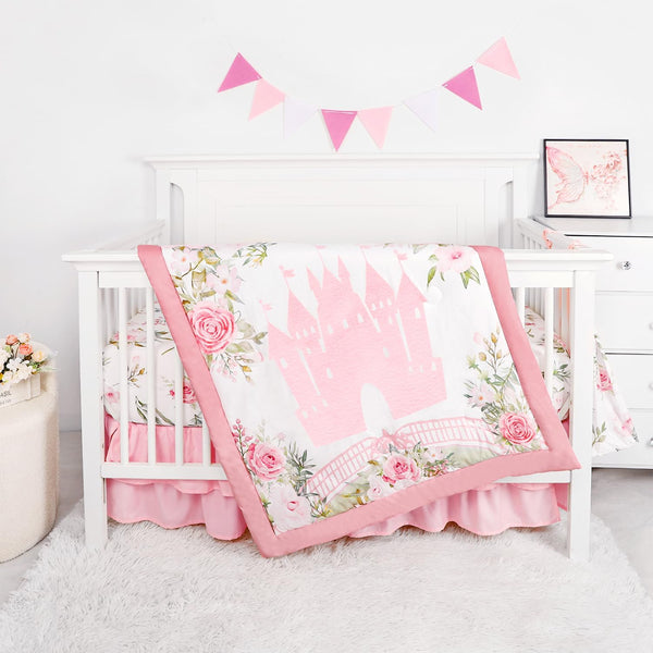 TANOFAR 4-Piece Crib Bedding Set for Baby Girls, Floral Castle Nursery Bedding