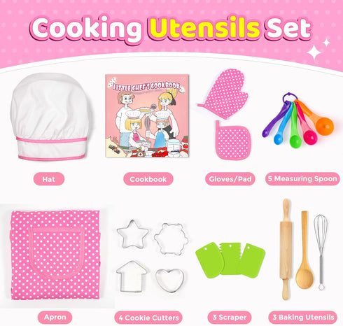 Kids Apron Kitchen Toys 20Pcs - Educational Cooking Baking Set with Cookbook & Chef Hat for 3-8 Year Old Girls